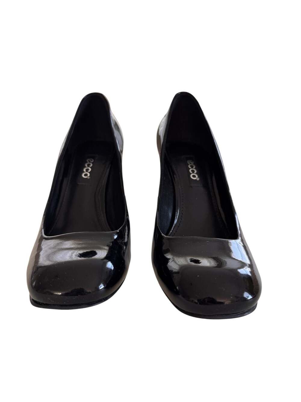 Ecco Black Patent Leather Square Toe Chunky Heel Pumps